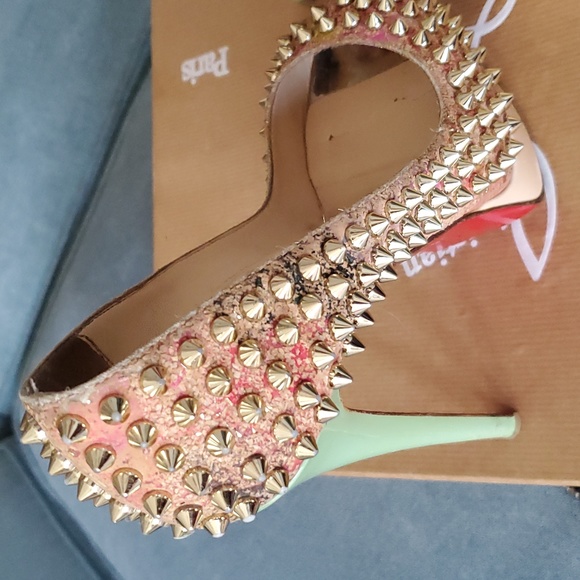 Christian Louboutin Metallic Spike Lady Peep 38.5/ US 8 Cork Multicolor - Picture 3 of 13
